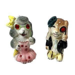 Vintage Anthropomorphic Dogs Red Rhinestone Eye SALT & PEPPER SHAKERS ~ JAPAN